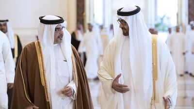 Sheikh Mohammed bin Zayed, Crown Prince of Abu Dhabi and Deputy Supreme Commander of the Armed Forces, greets Bahrain Crown Prince, Salman bin Hamad, at the Presidential Airport in Abu Dhabi. Ryan Carter / Crown Prince Court - Abu Dhabi