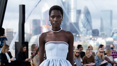 A sky blue corset dress from Alexander McQueen’s spring/summer 2022 collection