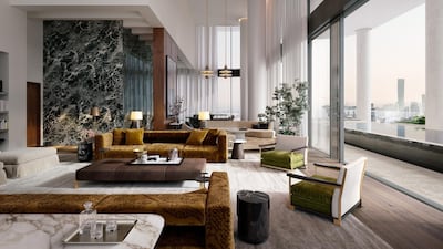 The Dorchester Collection penthouse lounge is big, smart and dramatic with imposing pillars. Courtesy Omniyat