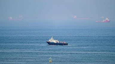 Cargo ships are pictured off cost of the Khor Fakkan Container Terminal, the only natural deep-sea port in the region and one of the major container ports in Sharjah Emirate, along the Gulf of Oman on June 19, 2026. Mediators in the US-Iran conflict, including Pakistan, Saudi Arabia and Turkey, are due to gather for talks in Egypt on June 21. A deal signed earlier in the week by US President Donald Trump and his Iranian counterpart Masoud Pezeshkian, aims to end the conflict that began on February 28 with US-Israeli strikes on Iran. It also provides for the reopening of the Strait of Hormuz and the launch of a 60-day negotiation period on broader issues, including Tehran's nuclear programme. (Photo by AFP) /