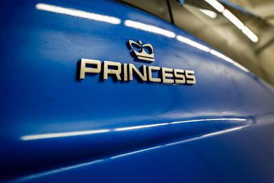 A decal sits on the body of a Princess R35 performance sports yacht. Bloomberg