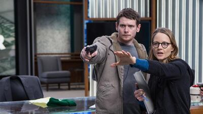 Jack O’Connell and director Jodie Foster on the set of Money Monster. Atsushi Nishijima / CTMG