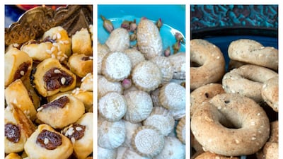 From left, kleicha tamur, ma'moul and ka'ak are three of the most popular Eid cookies. Photo: Victor Besa / The National; Table Tales