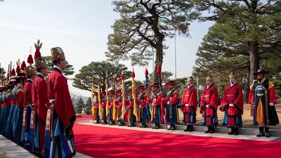 The Korean honour guard participate in a reception at Blue House. Ryan Carter / Ministry of Presidential Affairs