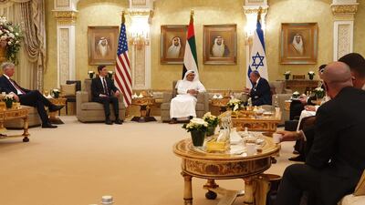 Israeli National Security Adviser Meir Ben-Shabbat, Senior White House adviser Jared Kushner and Minister of State for Foreign Affairs Anwar Gargash hold a meeting in Abu Dhabi. Reuters