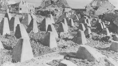 View of pillbox and dragon's teeth tank barrier structures that were part of Germany's Siegfried Line defences during the Second World War. Getty Images