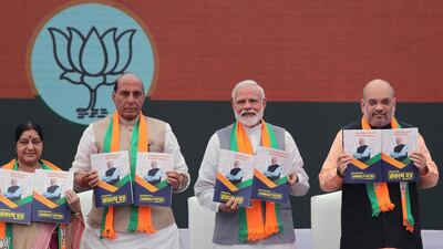 Indian Prime Minister Narendra Modi and senior members of his Bharatiya Janata Party release its manifesto for the upcoming general election in New Delhi on April 8, 2019. AP Photo