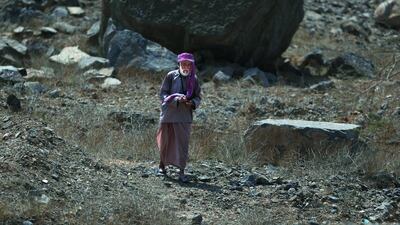 Saeed Zaid Al Qaishi looks for his missing goats in Wadi Shaha.