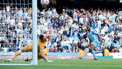 City attacker Raheem Sterling scores their fifth goal. Reuters