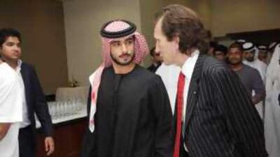 Sheikh Majid bin Mohammed bin Rashid Al Maktoum and Geoffrey Holland, the Orbis International chief executive, chat at a press conference in Dubai this week.