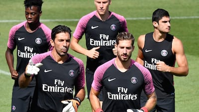 (Clockwise, from left) Italian goalkeeper Gianluigi Buffon, US forward Tim Weah, German midfielder Julian Draxler, Portuguese forward Goncalo Guedes and German goalkeeper Kevin Trapp take part in a training session. AFP