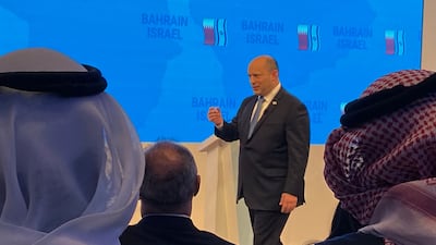 Israeli Prime Minister Naftali Bennett delivers a speech during a visit to the Bahraini capital Manama. AFP