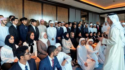 Sheikh Hazza bin Zayed speaks with UAE students who are studying in Japan. Seen with Dr Sultan Al Jaber. Rashed Al Mansoori / Ministry of Presidential Affairs