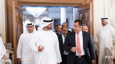 Sheikh Mohamed bin Zayed, Crown Prince of Abu Dhabi and Deputy Supreme Commander of the UAE Armed Forces, left, receives Dr. Maeen Abdulmalik, Prime Minister of Yemen, during a Sea Palace barza. All photos by Ministry of Presidential Affairs