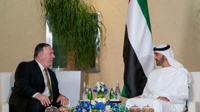 Sheikh Mohamed bin Zayed, right, US Secretary of State Mike Pompeo in Abu Dhabi. EPA