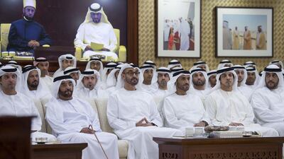 Sheikh Mohammed bin Zayed, third left, at the lecture. Seen with him are Sheikh Mansour bin Zayed, Deputy Prime Minister and Minister of Presidential Affairs, second right, Sheikh Nahyan bin Zayed, Chairman of the Board of Trustees of Zayed bin Sultan Al Nahyan Charitable and Humanitarian Foundation, Sheikh Saif bin Mohammed Al Nahyan, second left, Sheikh Hazza bin Zayed, National Security Adviser, left, and Sheikh Abdullah bin Rashid Al Mu’alla, Deputy Ruler of Umm Al Quwain, right. Rashed Al Mansoori / Crown Prince Court - Abu Dhabi