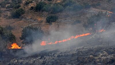 A handout picture released by the official Syrian Arab News Agency (SANA) shows fires on a hill in Ain Halaqim, in the western countryside of Syria's Hama governorate. AFP