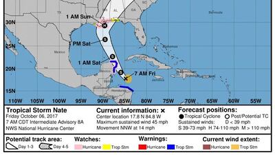 A photo made available by the National Oceanic and Atmospheric Administration (NOAA) showing Coastal Watches/Warnings and Forecast Cone for Storm Centre of the predicted path of tropical storm Nate, on October 6, 2017. EPA