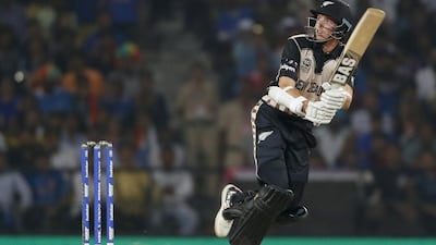 New Zealand's Mitchell Santner plays a shot against India during the ICC World Twenty20 2016 cricket match at the Vidarbha Cricket Association stadium in Nagpur, India, Tuesday, March 15, 2016. (AP Photo/Saurabh Das)