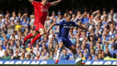Liverpool's Steven Gerrard shown in action against Chelsea's Eden Hazard during their Premier League contest on Sunday. John Sibley / Reuters / Action Images
