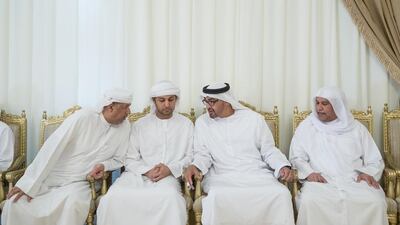 Sheikh Mohammed bin Zayed, Crown Prince of Abu Dhabi and Deputy Supreme Commander of the Armed Forces, second right, offers condolences to the family of martyr Mohammed Al Humoodi who died while serving with the Armed Forces in ‘Operation Restoring Hope’. Mohammed Al Hammadi / Crown Prince Court - Abu Dhabi