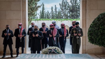 Jordan’s King Abdullah II, Crown Prince Hussein bin Abdullah, and Prince Hassan bin Talal, and, behind them, Princes Rashid bin Hassan, Hamzah bin Hussein, Feisal bin Hussein, Talal bin Muhammed, Hashim bin Hussein, Ali bin Hussein and Ghazi bin Muhammed visit the tomb of King Hussein on Jordan's centenary on April 11, 2021. Courtesy of the Royal Hashemite Court