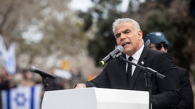Former Israeli prime minister and current opposition leader Yair Lapid addresses the demonstrators. Getty Images