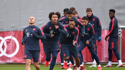 Bayern Munich's Joshua Zirkzee, Thiago and Jerome Boateng during training. Reuters