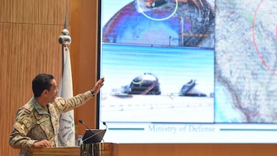 Saudi Colonel Turki bin Saleh al-Malki speaks during a press conference in Riyadh on September 18, 2019, following the weekend attacks on Saudi Aramco's facilities in Abqaiq and Khurais. Saudi Arabia said that strikes on its oil infrastructure came from the "north" and were sponsored by Iran, but that the kingdom was still investigating the exact launch site. / AFP / Fayez Nureldine