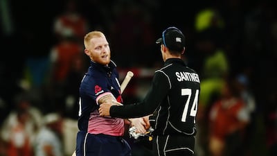 Ben Stokes shakes hand with New Zealand's Mitchell Santner after inspiring his side to victory in the second one-day international. Anthony Au-Yeung / Getty Images