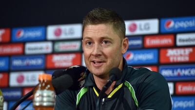 Michael Clarke addresses the media ahead of Australia's cricket World Cup quarter-final against Pakistan. Saeed Khan / AFP