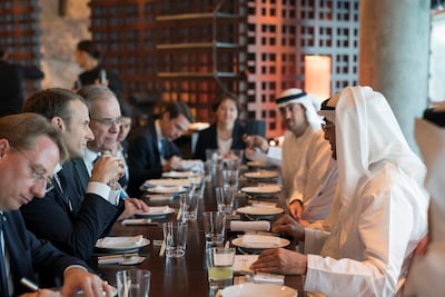 Sheikh Mohamed bin Zayed, Crown Prince of Abu Dhabi and Deputy Supreme Commander of the UAE Armed Forces, meets with Emmanuel Macron, President of France (2nd L), at Zuma in Abu Dhabi in November 2017. Mohammed Al Hammadi / Crown Prince Court - Abu Dhabi