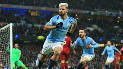 Sergio Aguero celebrates after scoring for Manchester City against Liverpool in the Premier League game at the Ethiad stadium in January, 2019. AP