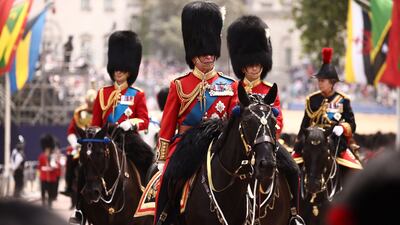 Britain's King Charles, centre, accompanied by Prince William, left, Prince Edward, the Duke of Edinburgh, and Princess Royal Anne, rides back to Buckingham Palace after the King's Birthday Parade, 'Trooping the Colour', in London. AFP