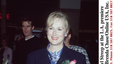 Meryl Streep, in a silk blouse and navy coat, attends the premiere of 'One True Thing' in Los Angeles, California, on September 16, 1998. Getty Images