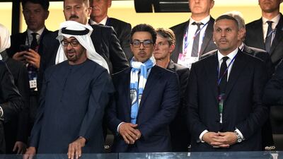 Sheikh Mohamed bin Zayed, President of the UAE, left, Manchester City owner Sheikh Mansour bin Zayed, centre, and chairman Khaldoon Al Mubarak during the Champions League final match at the Ataturk Olympic Stadium, Istanbul. PA