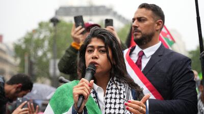 Rima Hassan speaking at a protest in Paris in May following an Israeli strike on a camp in Rafah, Gaza. AFP