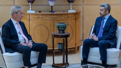 Sheikh Abdullah bin Zayed, Deputy Prime Minister and Minister of Foreign Affairs, with Nigel Farage, leader of Reform UK. Photo: Wam