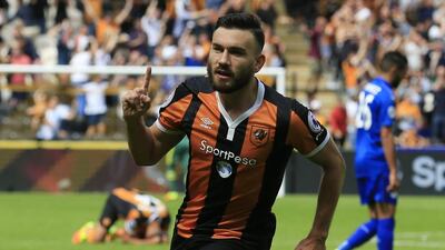 Hull City's Scottish midfielder Robert Snodgrass celebrates after scoring their second goal against Leicester City. Lindsey Parnaby / AFP