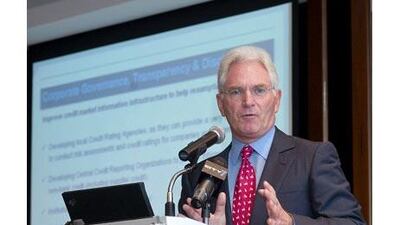 Dr. Nasser Saidi, Chief Economist of DIFC Authority, speaks at the launch of the IMF's regional economic outlook at DIFC in Dubai, United Arab Emirates on Tuesday, May 25, 2010. Photo: Charles Crowell for The National
