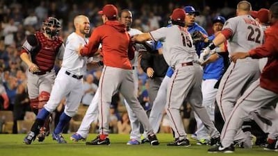 A scuffle breaks out after Los Angeles Dodgers starting pitcher Zack Greinke was hit by a pitch. Mark Terrill / AP Photo