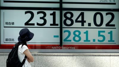 A woman looks at an electronic stock board showing Japan's Nikkei 225 index. Asian markets skidded on Friday after Wall Street had its worst day since June. AP