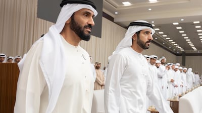 Sheikh Hamdan and Sheikh Nahyan arrive at condolences on the death of Sheikh Hazza, at Al Mushrif Palace. Abdulla Al Neyadi / Presidential Court