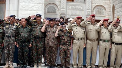 Pro-Houthi forces attend the funeral service of Houthi fighters who were allegedly killed in the Marib offensive, during a funeral service at a mosque in Sana'a. EPA