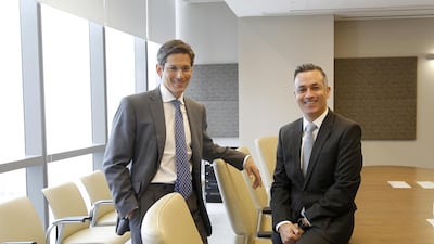 Managing partners of Shearman & Sterling Middle East, Marwan Elaraby, right, and James Comyn, at their office in Etihad Towers. Jeffrey E Biteng / The National
