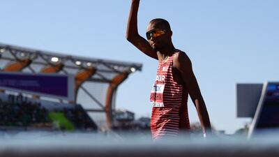 Mutaz Barshim reacts during the men's high jump final. Reuters