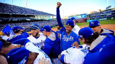 The Kansas City Royals celebrate their 2 to 1 win over the Baltimore Orioles to sweep the series in Game Four of the American League Championship Series at Kauffman Stadium on October 15, 2014 in Kansas City, Missouri. Jamie Squire/Getty Images