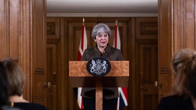 epa06668442 British Prime Minister Theresa May addresses the media during a press conference held in 10 Downing Street, central London, Britain, 14 April 2018. The press conference follows military action taken overnight by the United States, Britain and France against targets in Syria in response to a suspected chemical attack last weekend in the rebel-held suburb of Douma, east of Damascus, Syria. EPA/WILL OLIVER / POOL