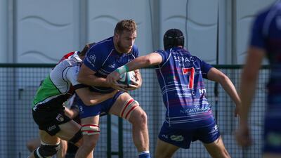 Liam Cronin of Jebel Ali Dragons in action during the West Asia Premiership game against Abu Dhabi Harlequins at Zayed Sports City in Abu Dhabi. Victor Besa / The National