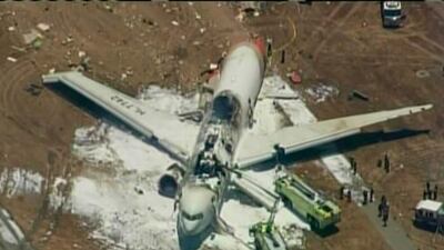 An Asiana Airlines Boeing 777 is pictured after it crashed while landing in this KTVU image at San Francisco International Airport. Reuters/KTVU/Handout